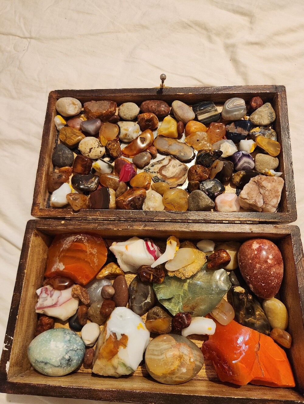 HUGE Bundle Stones Of Natural Polished Gemstone and Agate Mix & Vge. Wooden Box.